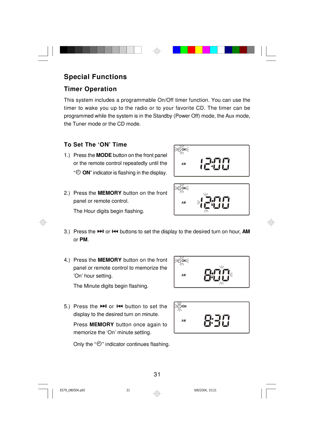 Emerson ES79 owner manual Special Functions, Timer Operation, To Set The ‘ON’ Time 