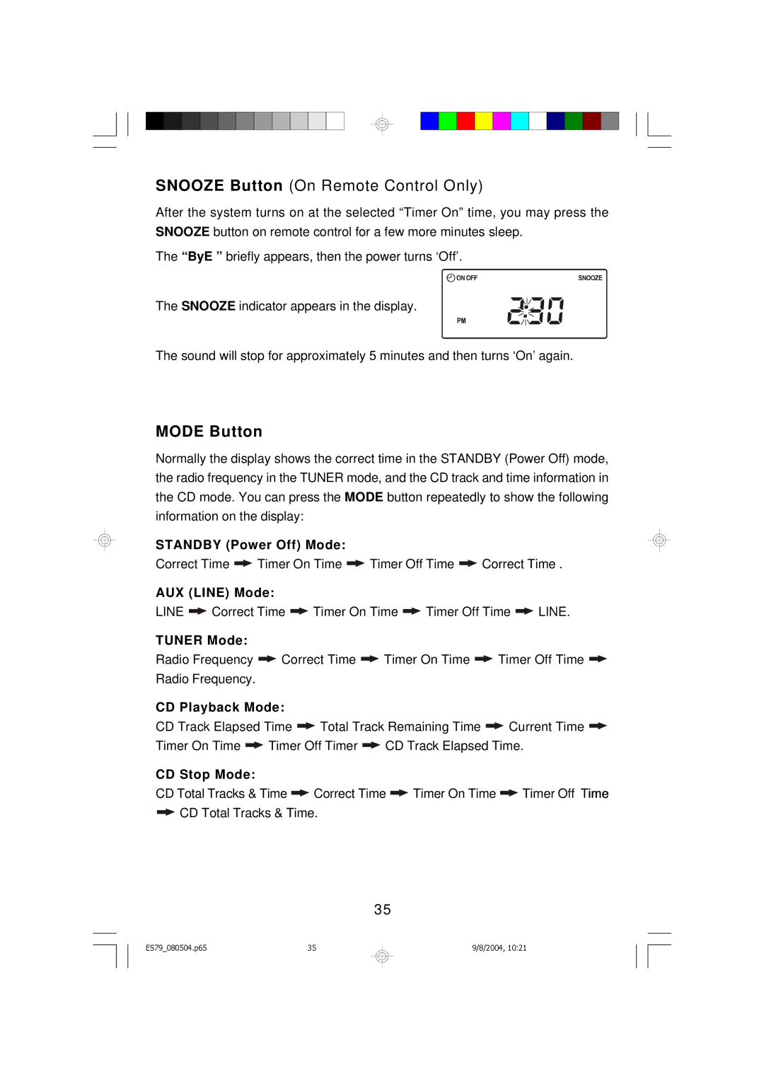 Emerson ES79 owner manual Snooze Button On Remote Control Only, Mode Button 