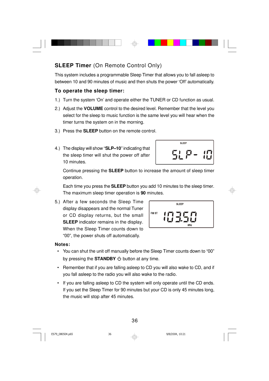 Emerson ES79 owner manual Sleep Timer On Remote Control Only, To operate the sleep timer 