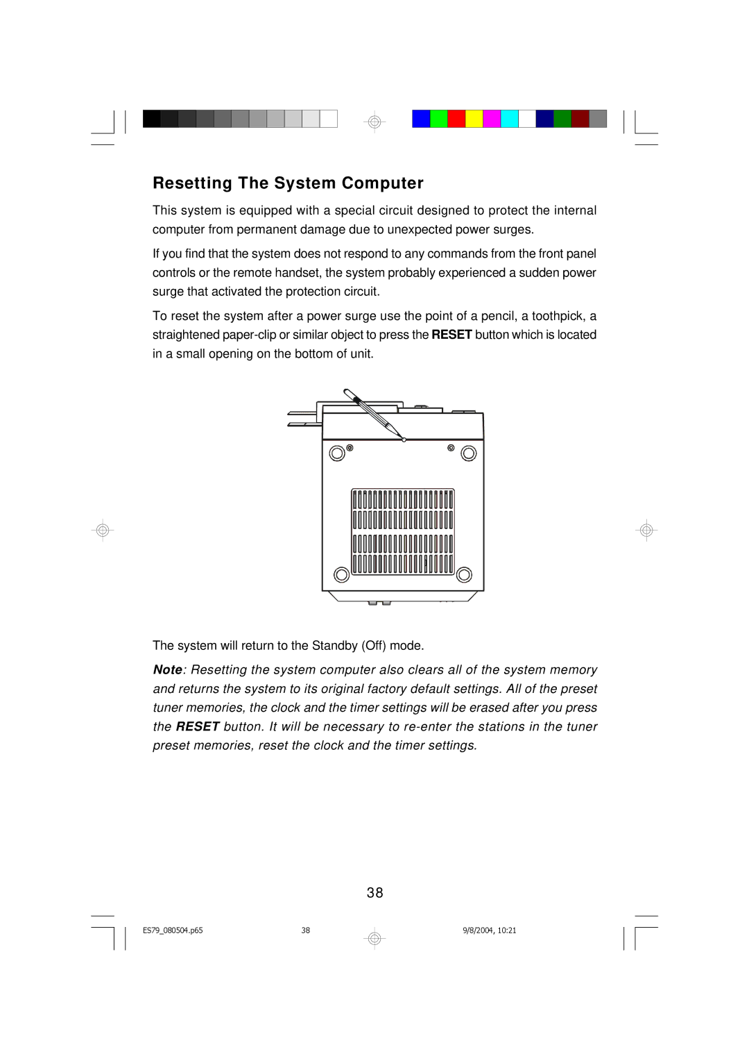 Emerson ES79 owner manual Resetting The System Computer 