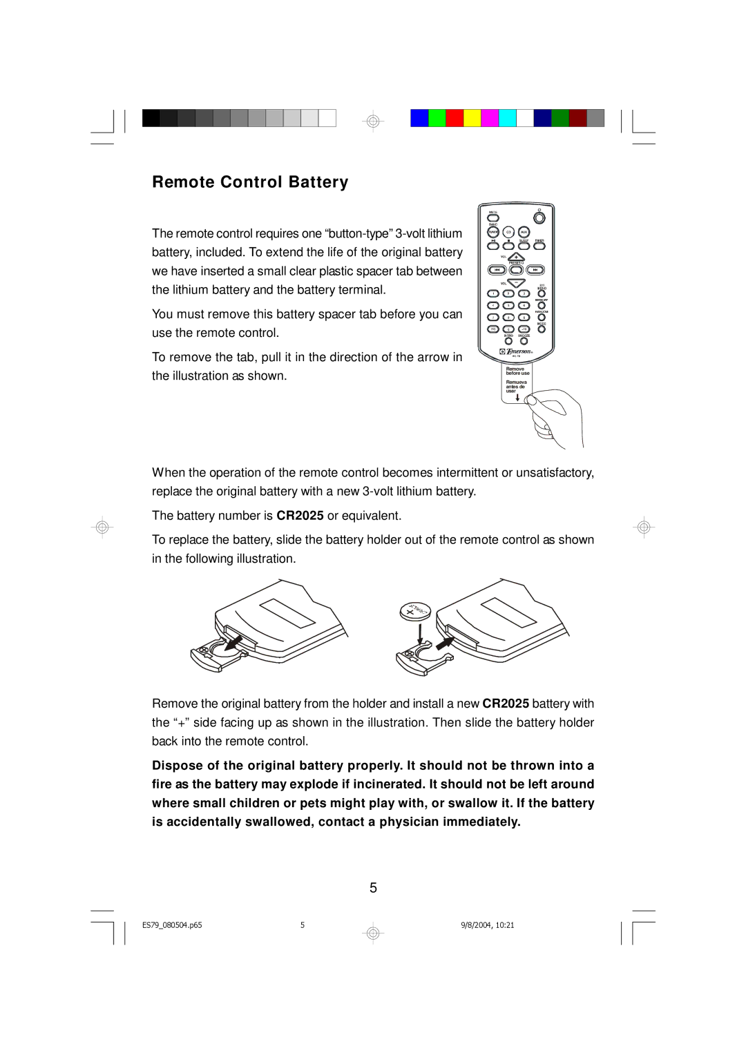 Emerson ES79 owner manual Remote Control Battery 