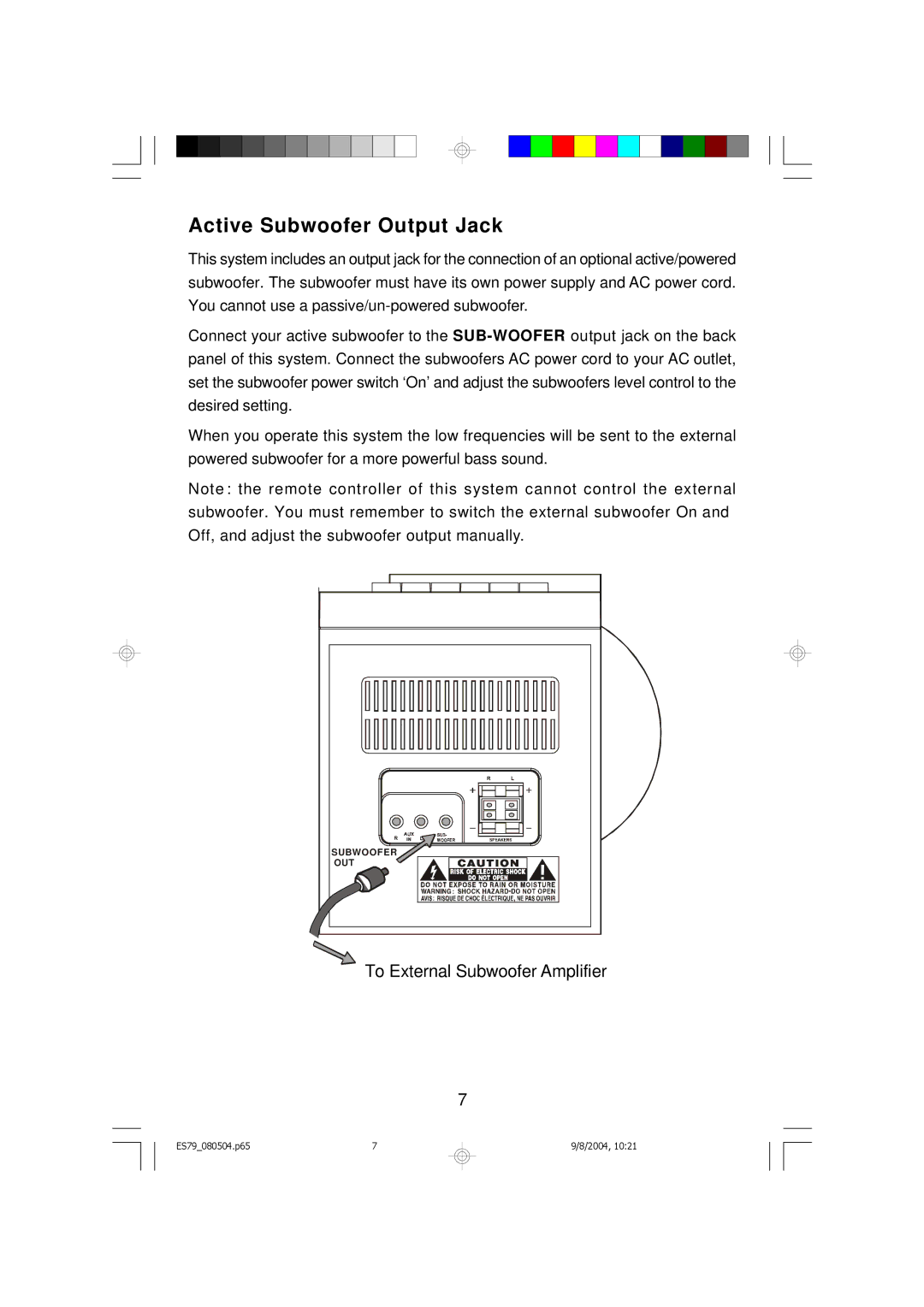 Emerson ES79 owner manual Active Subwoofer Output Jack 