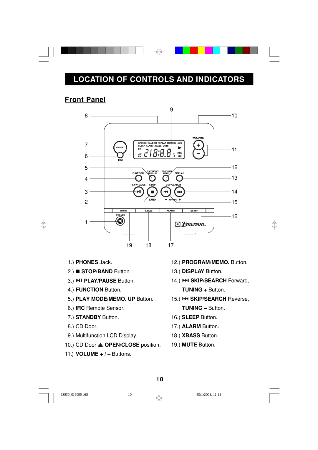 Emerson ES830 owner manual Location of Controls and Indicators, Front Panel, Tuning Button, Standby Button 