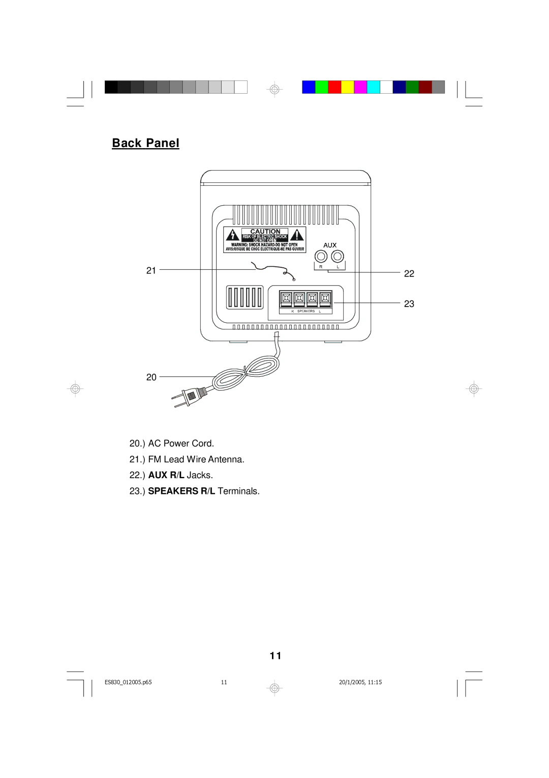 Emerson ES830 owner manual Back Panel 