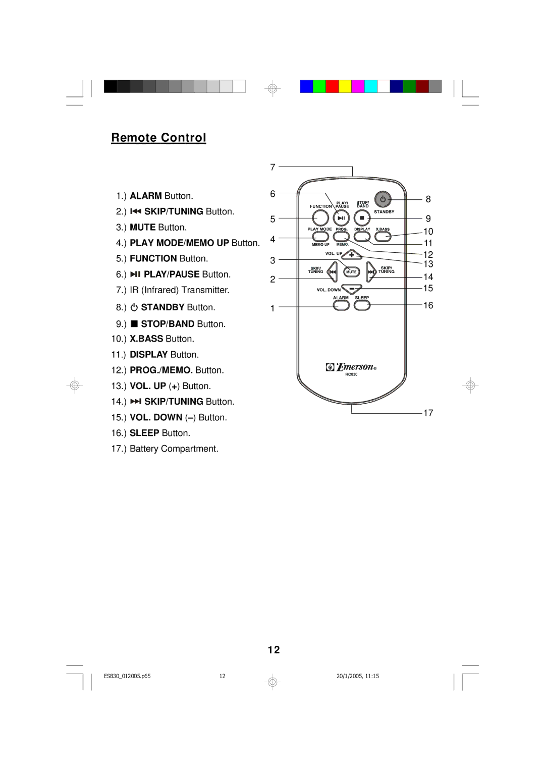 Emerson ES830 owner manual Remote Control, SKIP/TUNING Button, Play MODE/MEMO UP Button 