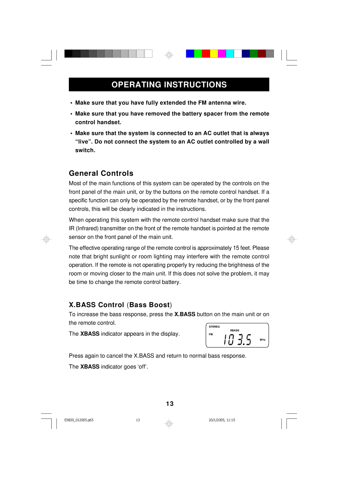 Emerson ES830 owner manual Operating Instructions, General Controls, Bass Control Bass Boost 