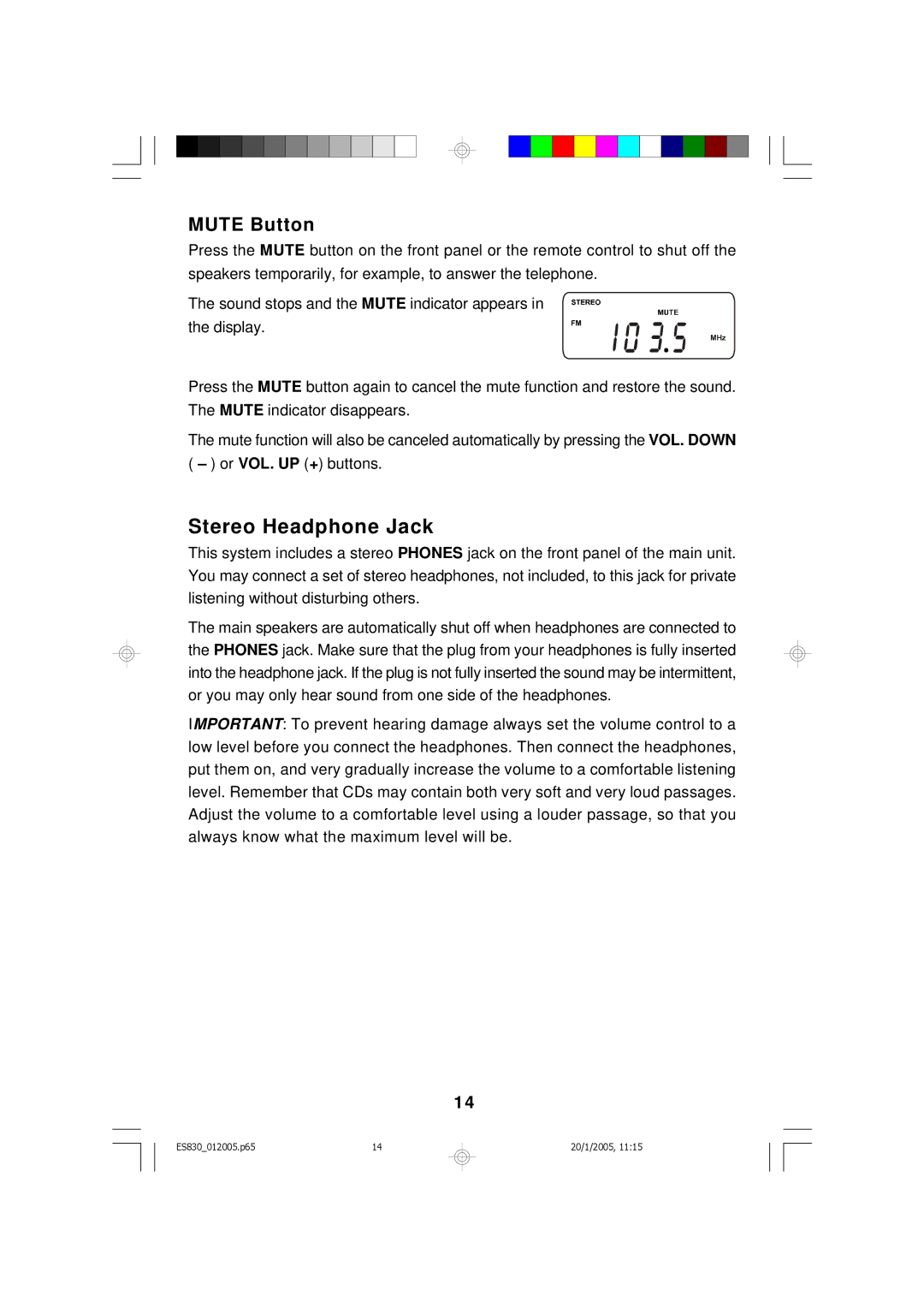 Emerson ES830 owner manual Stereo Headphone Jack, Mute Button 