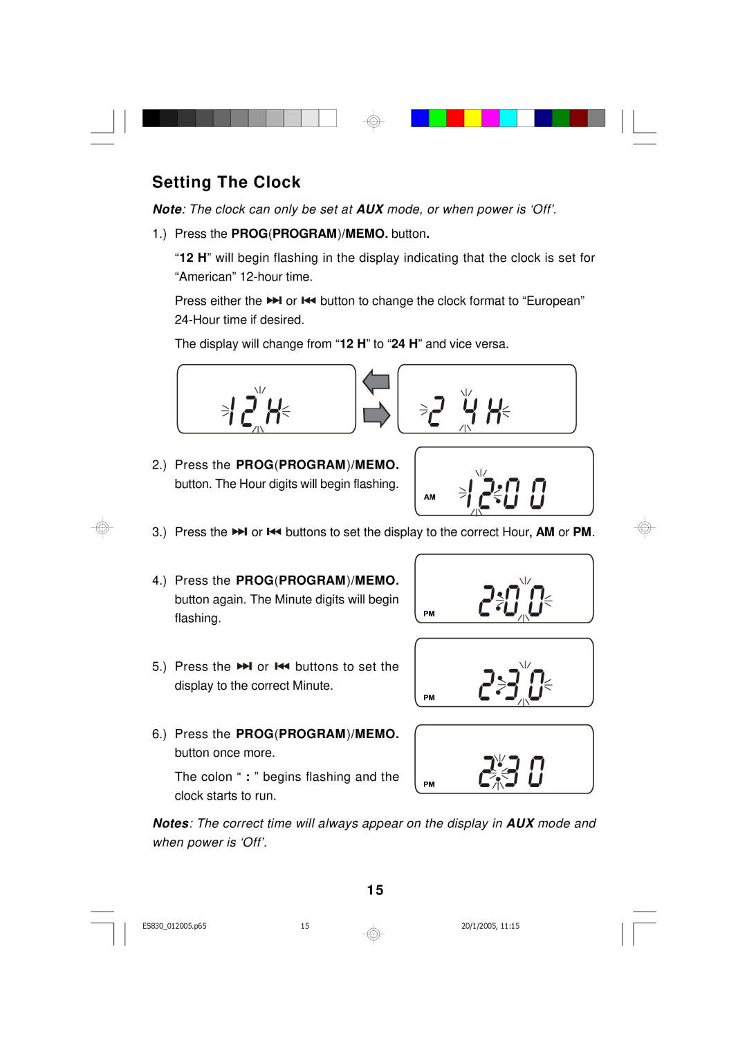 Emerson ES830 owner manual Setting The Clock, Press the PROGPROGRAM/MEMO 