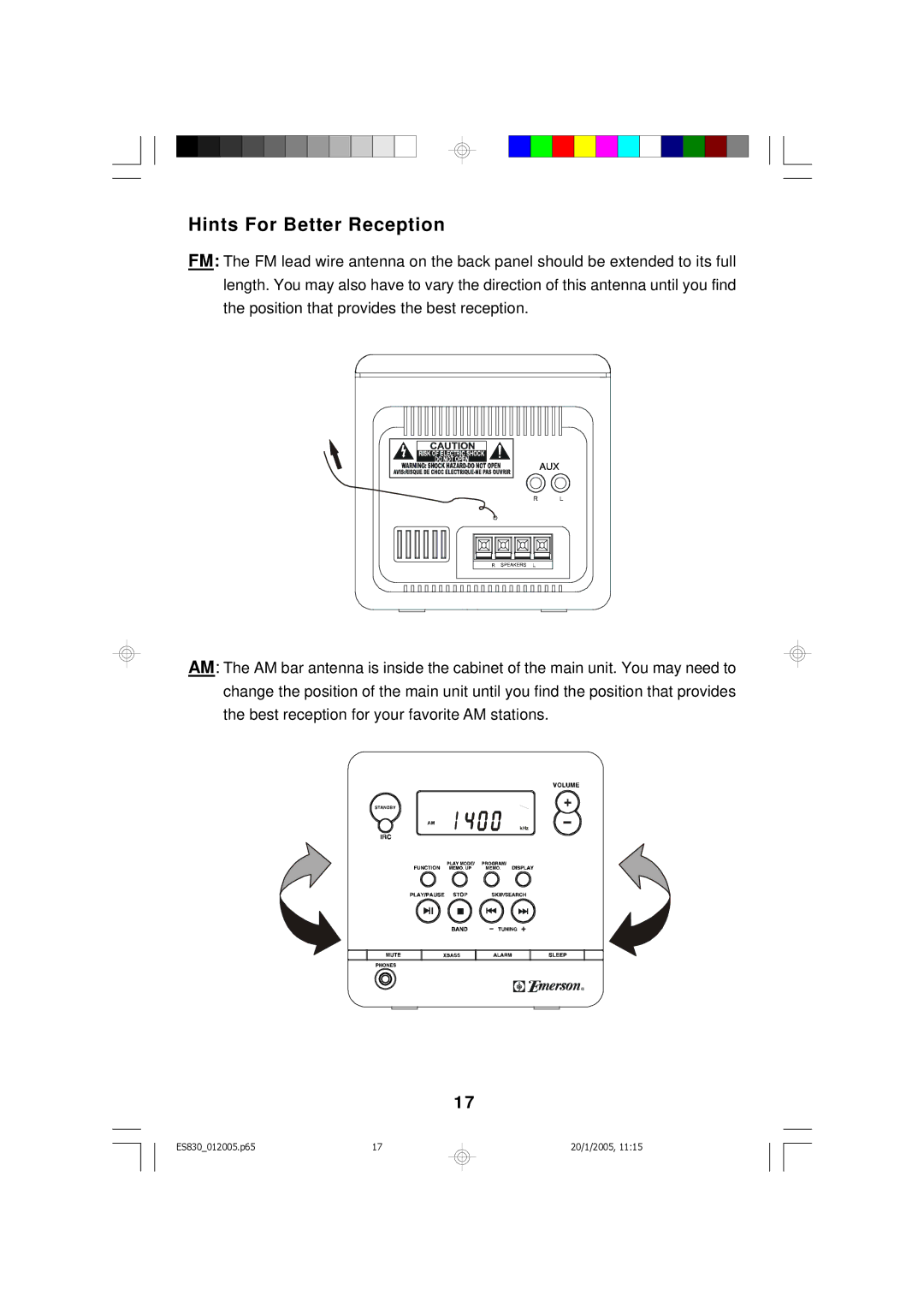 Emerson ES830 owner manual Hints For Better Reception 