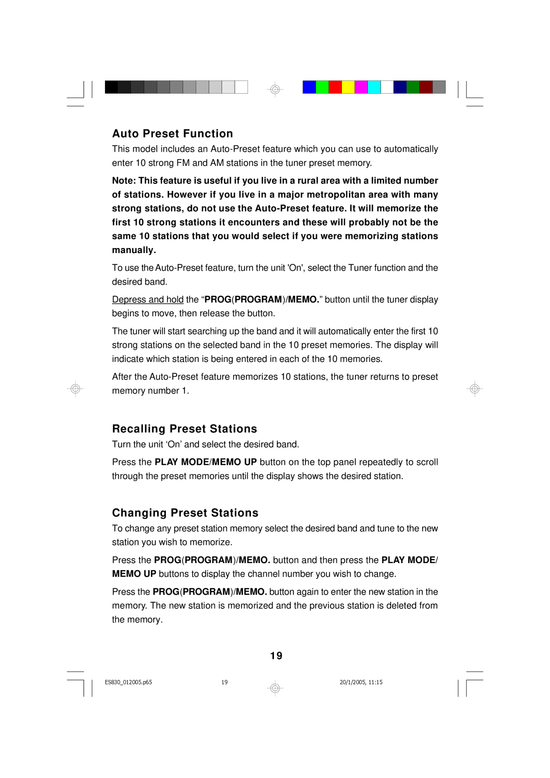 Emerson ES830 owner manual Auto Preset Function, Recalling Preset Stations, Changing Preset Stations 