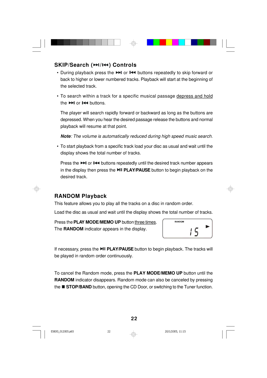 Emerson ES830 owner manual SKIP/Search / Controls, Random Playback 