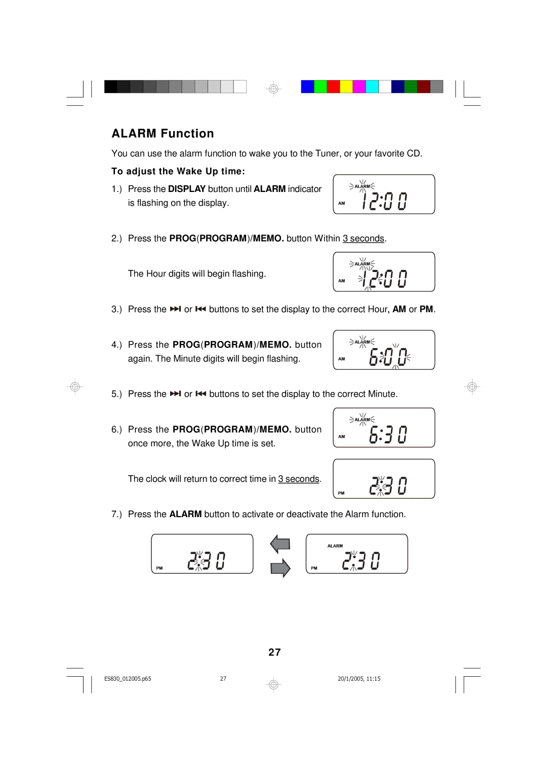 Emerson ES830 owner manual Alarm Function, To adjust the Wake Up time 