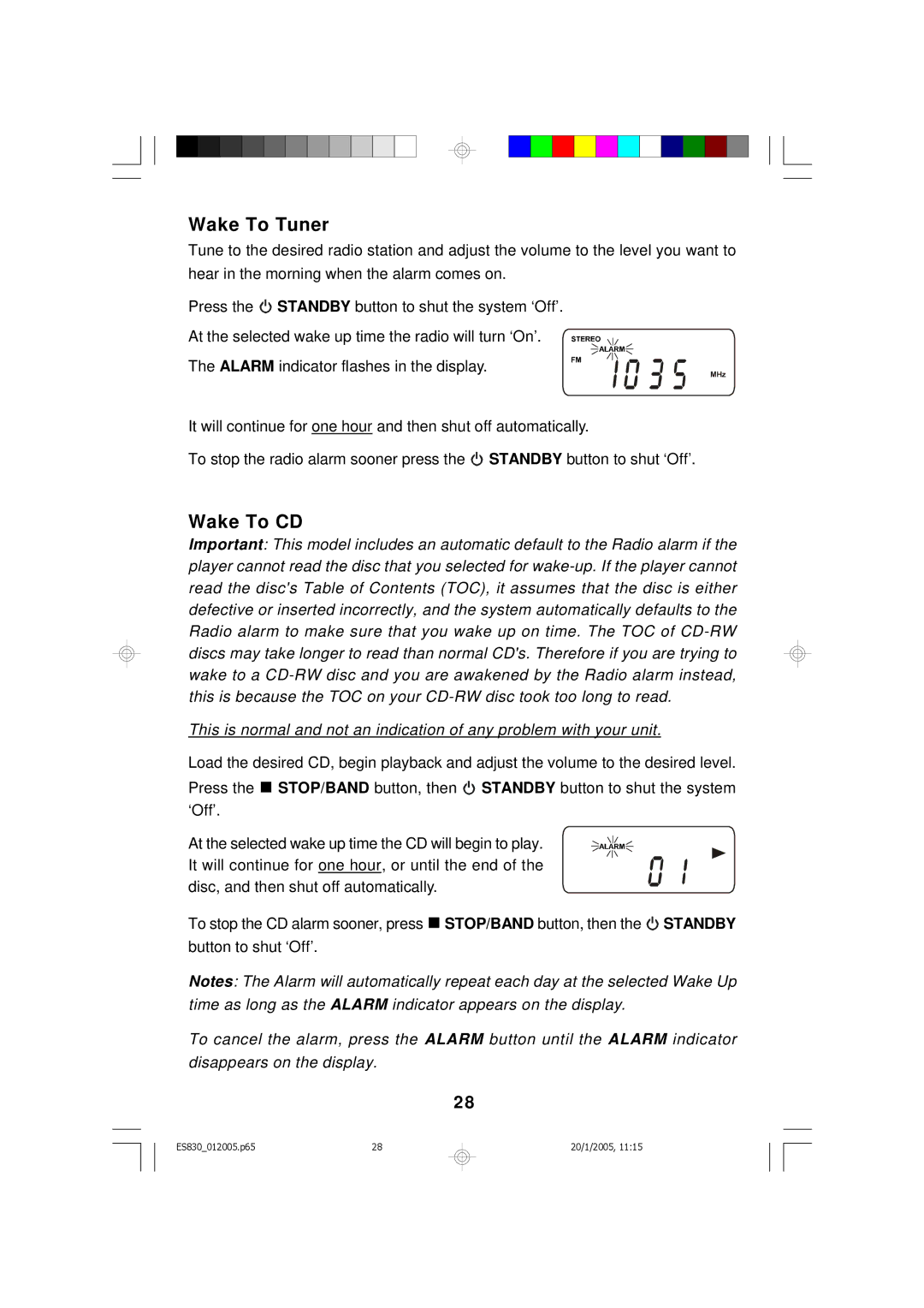 Emerson ES830 owner manual Wake To Tuner, Wake To CD 