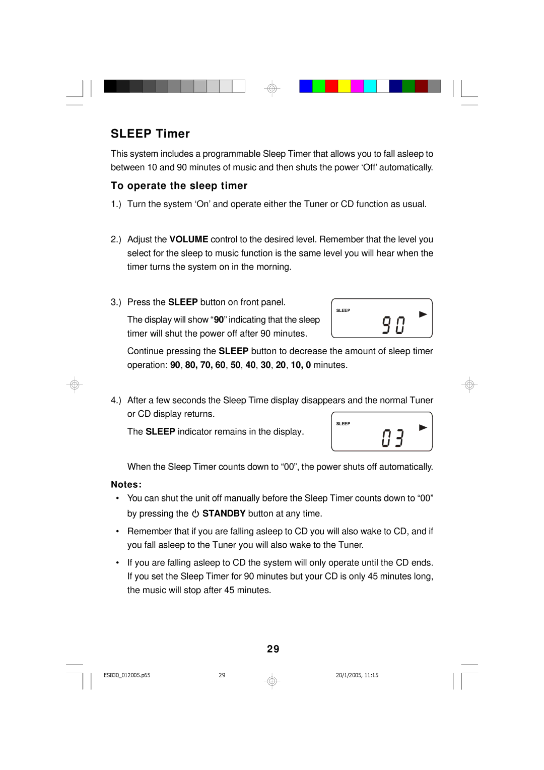 Emerson ES830 owner manual Sleep Timer, To operate the sleep timer 