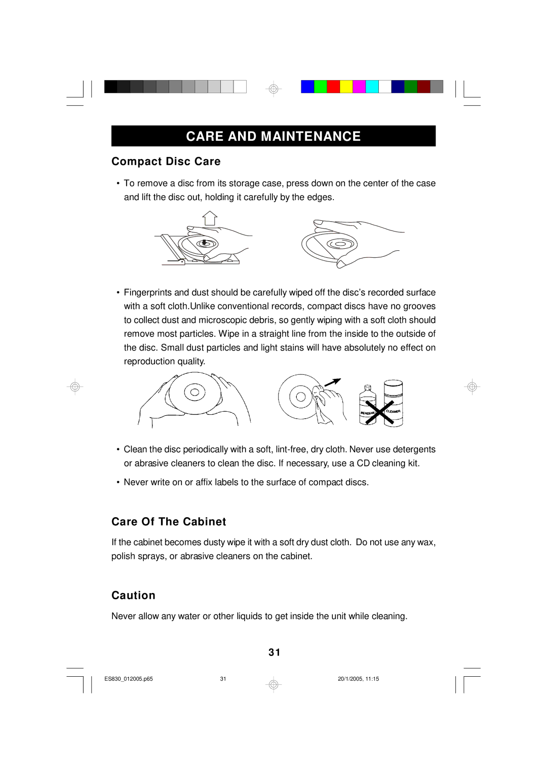 Emerson ES830 owner manual Care and Maintenance, Compact Disc Care, Care Of The Cabinet 