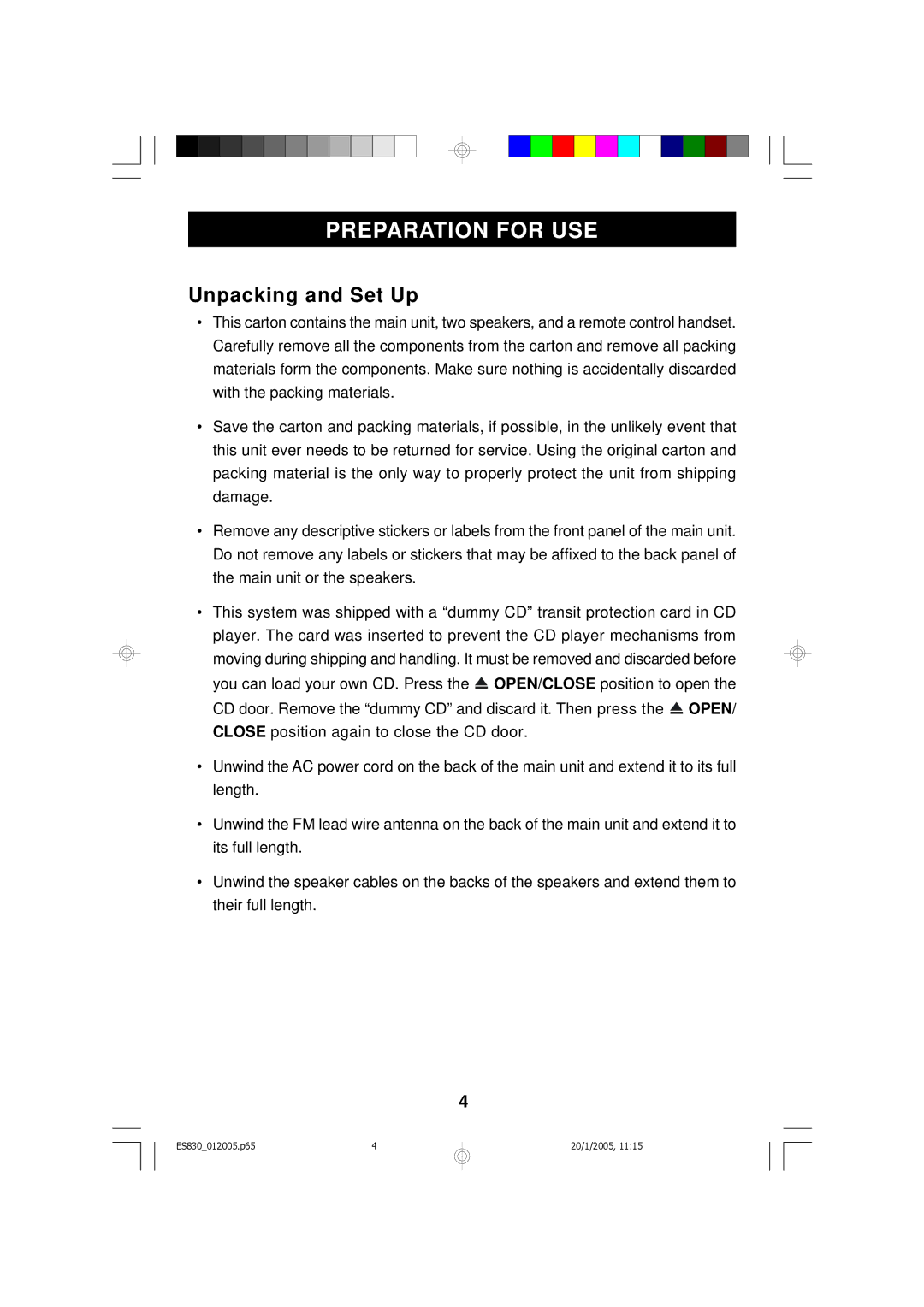 Emerson ES830 owner manual Preparation for USE, Unpacking and Set Up 