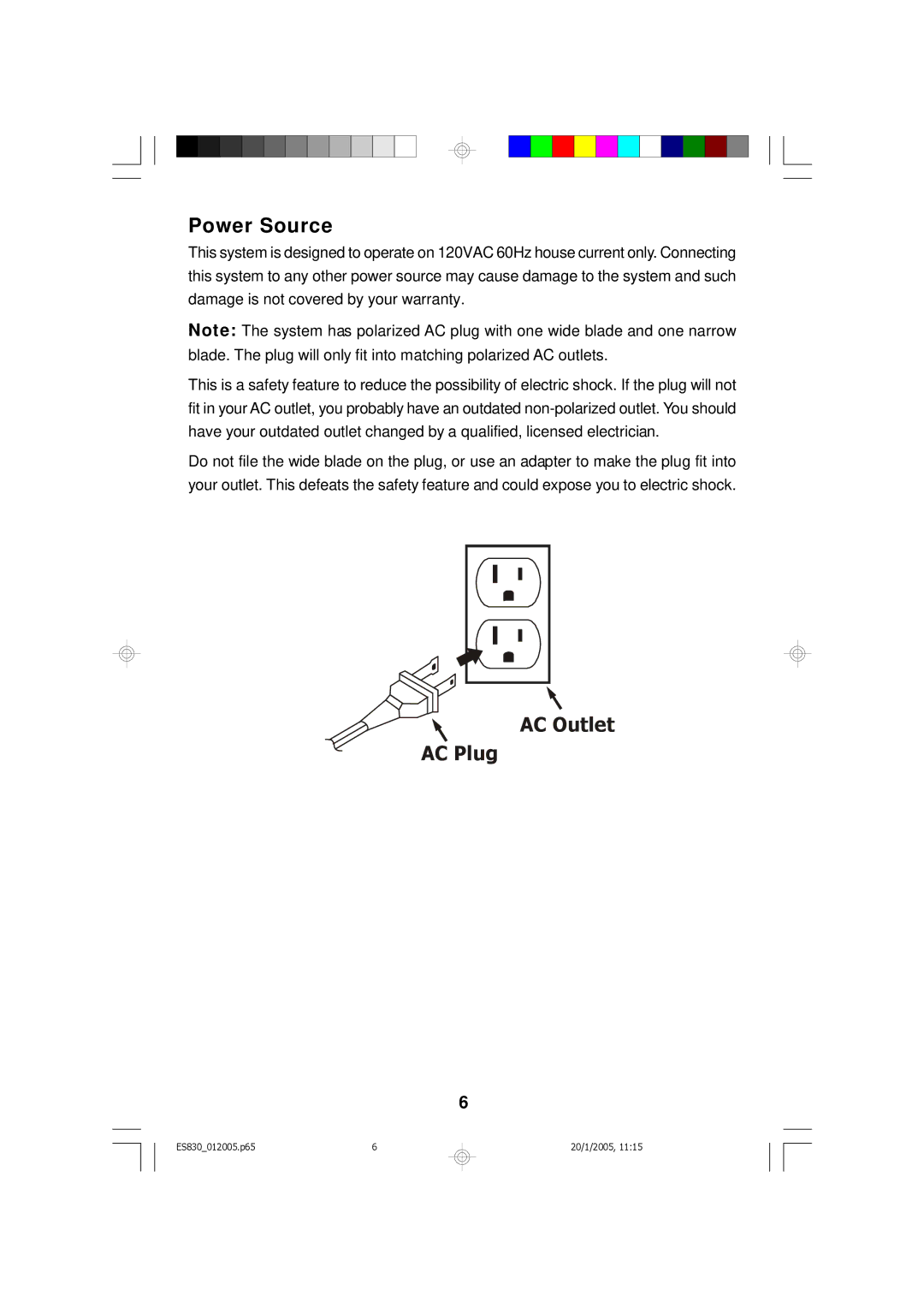 Emerson ES830 owner manual Power Source, AC Outlet AC Plug 