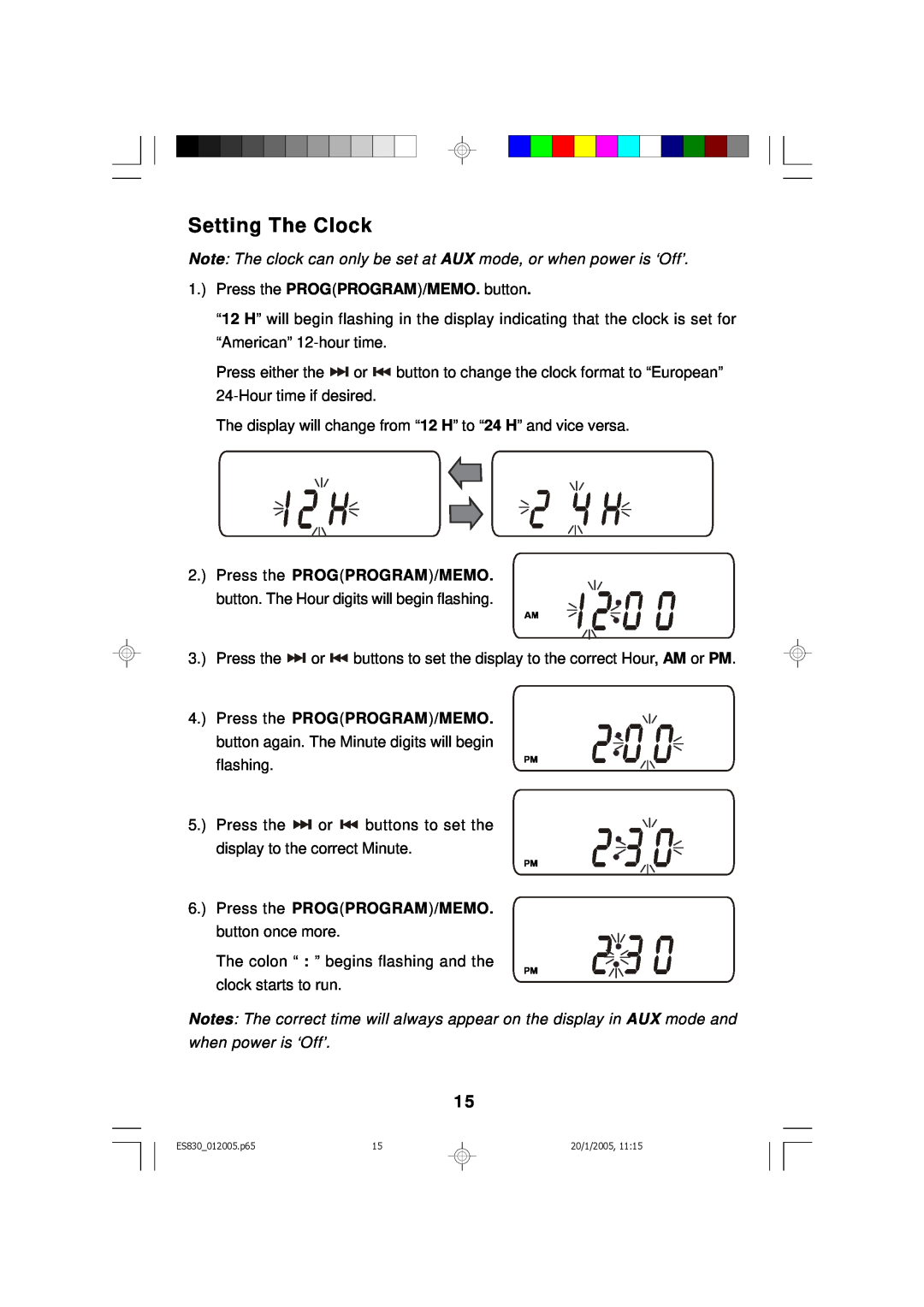 Emerson ES830 owner manual Setting The Clock 