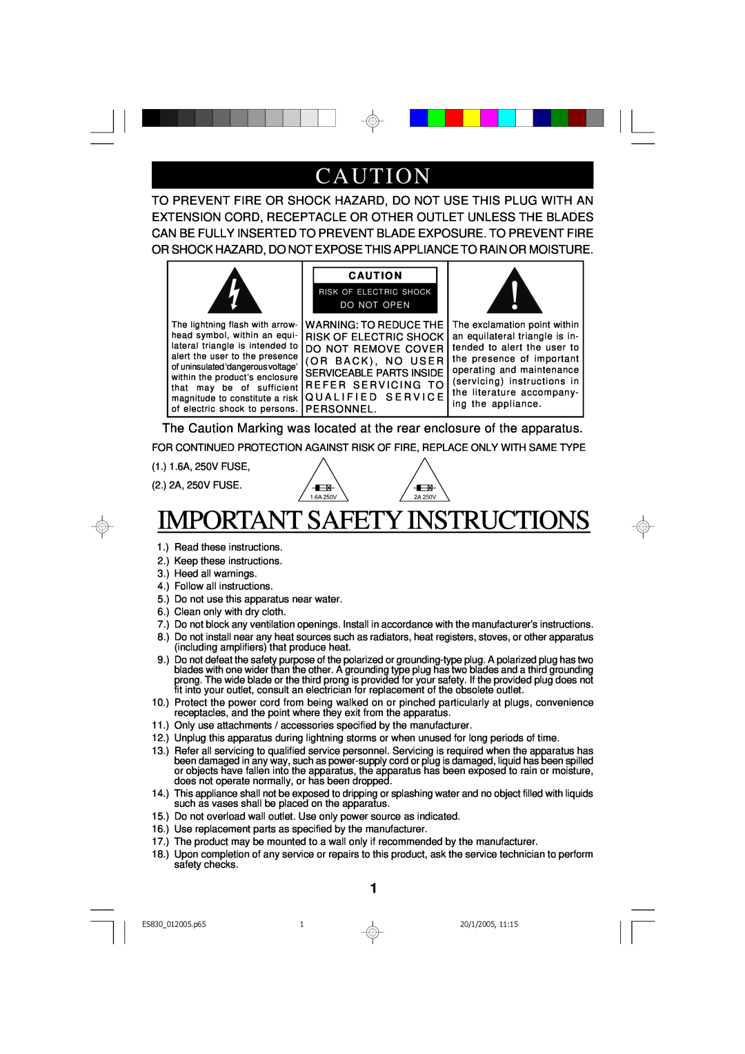Emerson ES830 owner manual Important Safety Instructions, Caut I On, Caut I O N 