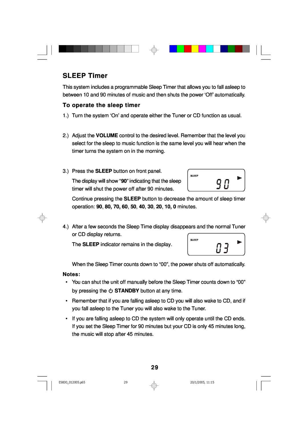 Emerson ES830 owner manual SLEEP Timer, To operate the sleep timer 