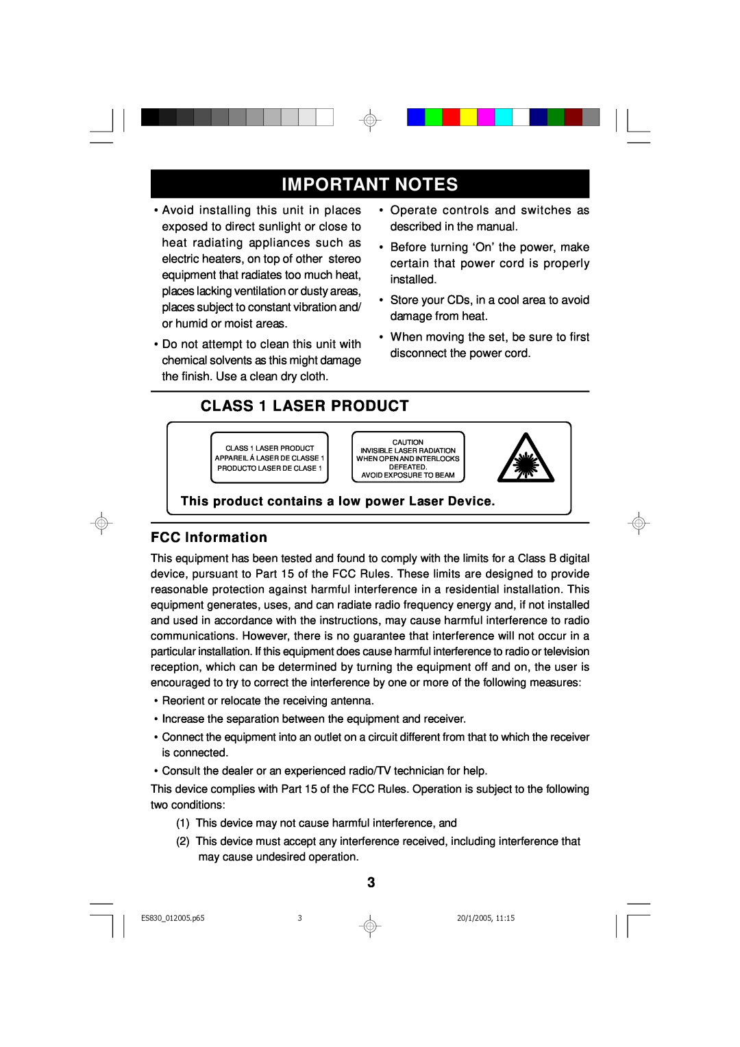 Emerson ES830 owner manual Important Notes, CLASS 1 LASER PRODUCT, FCC Information 