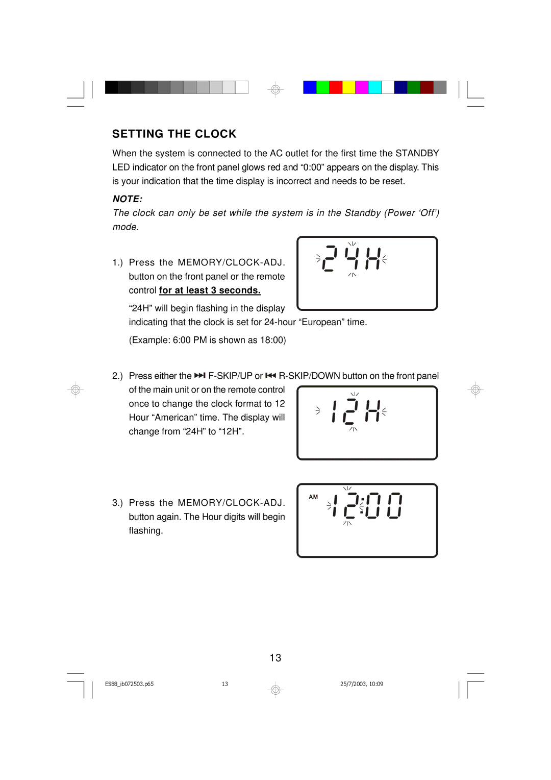 Emerson ES88 owner manual Setting the Clock 