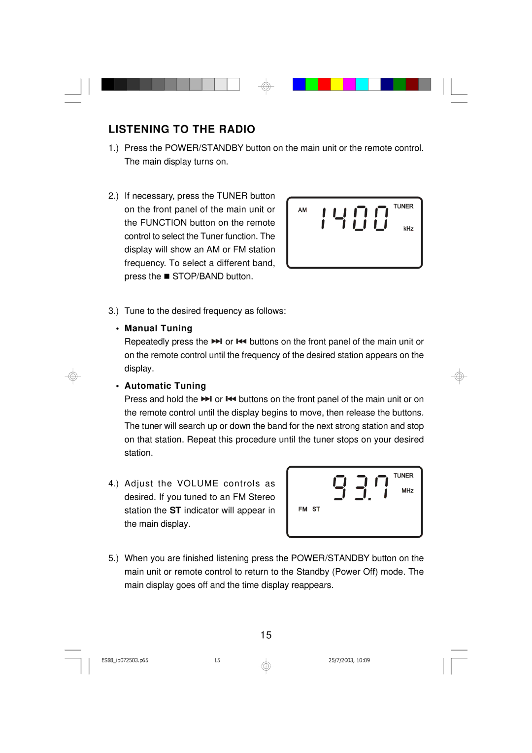 Emerson ES88 owner manual Listening to the Radio, Manual Tuning 