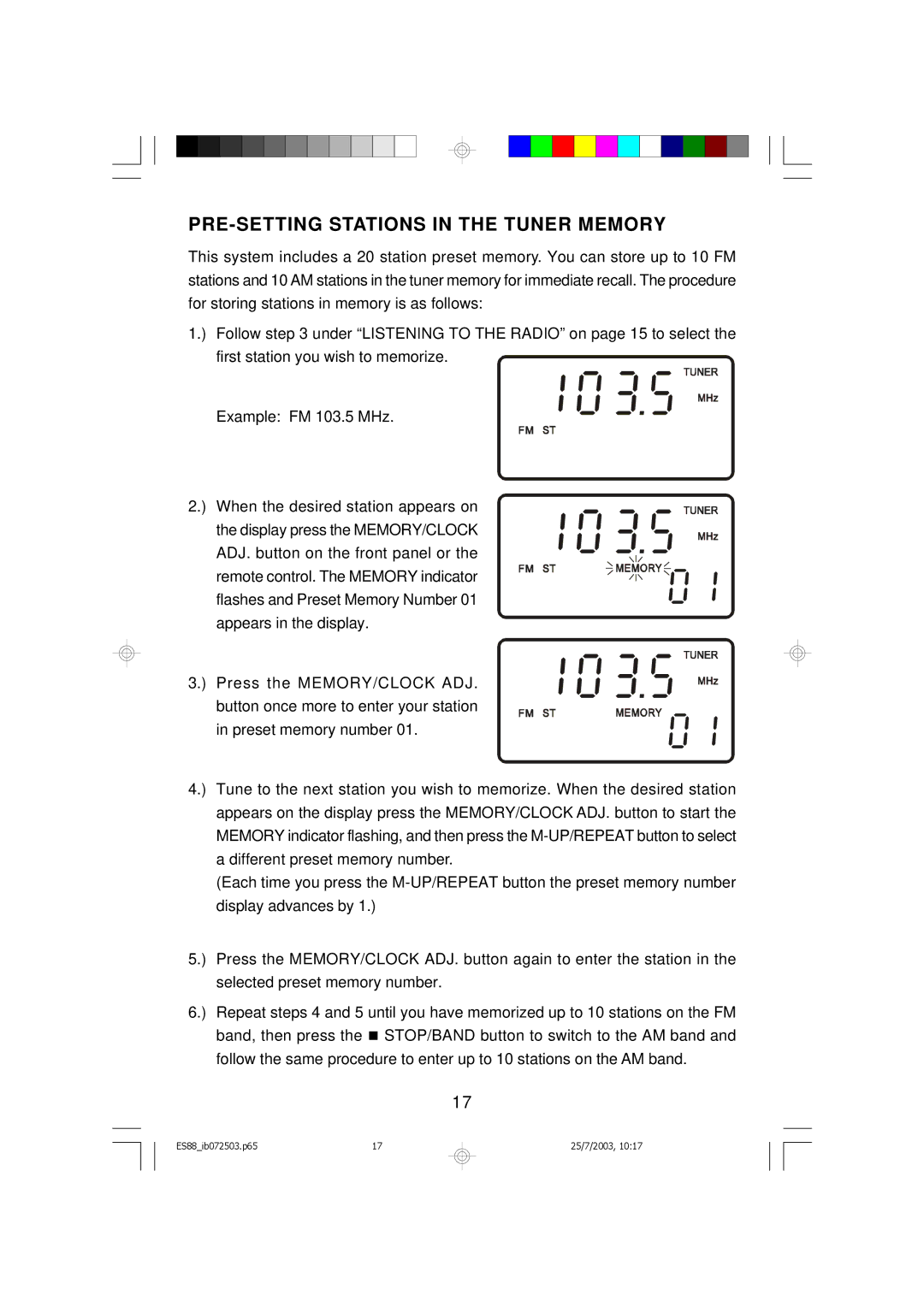 Emerson ES88 owner manual PRE-SETTING Stations in the Tuner Memory 