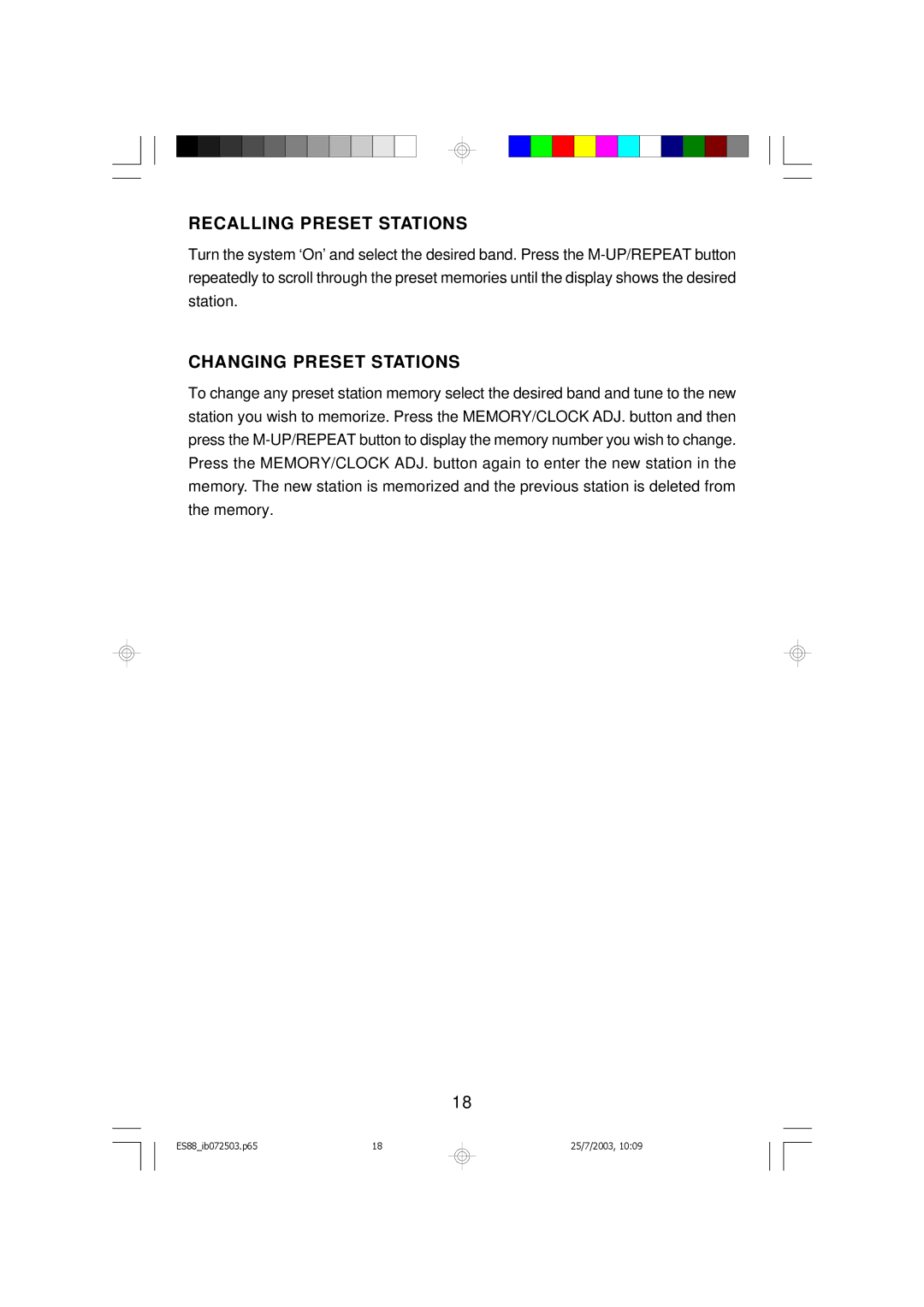 Emerson ES88 owner manual Recalling Preset Stations 