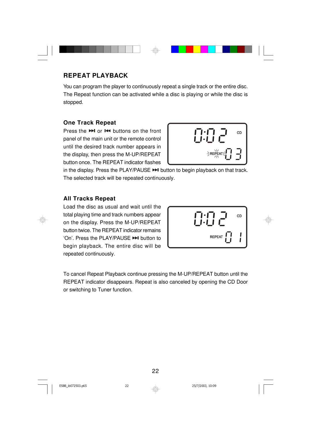 Emerson ES88 owner manual Repeat Playback, One Track Repeat, All Tracks Repeat 