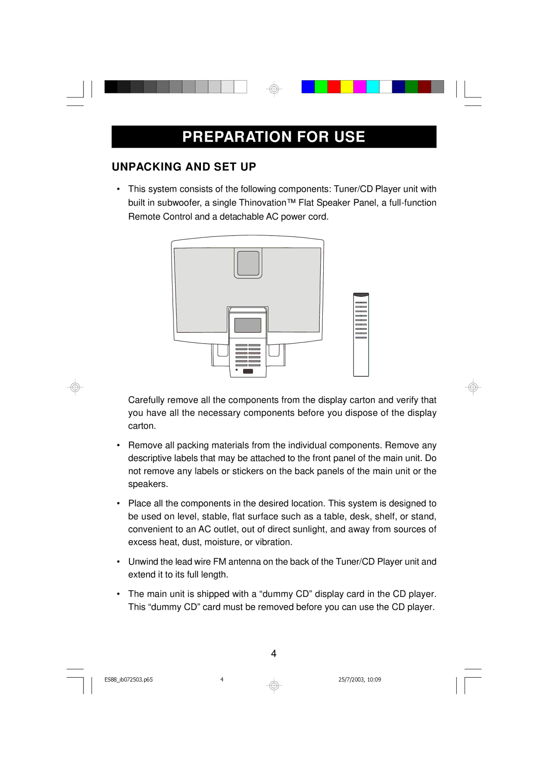 Emerson ES88 owner manual Preparation for USE, Unpacking and SET UP 