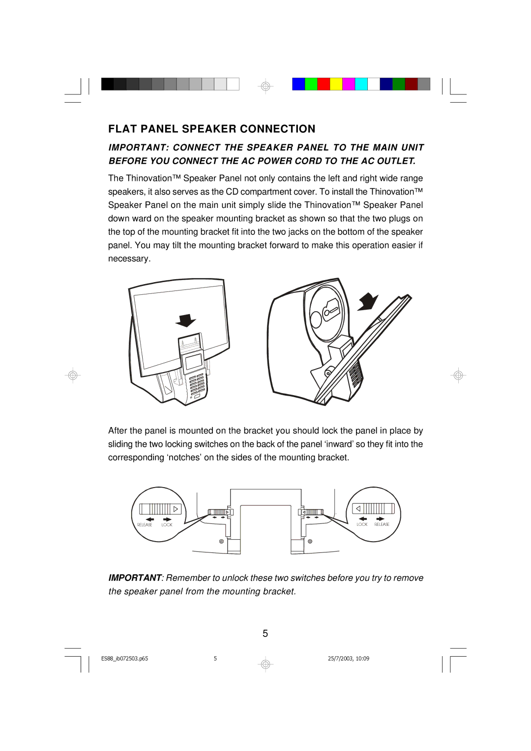 Emerson ES88 owner manual Flat Panel Speaker Connection 