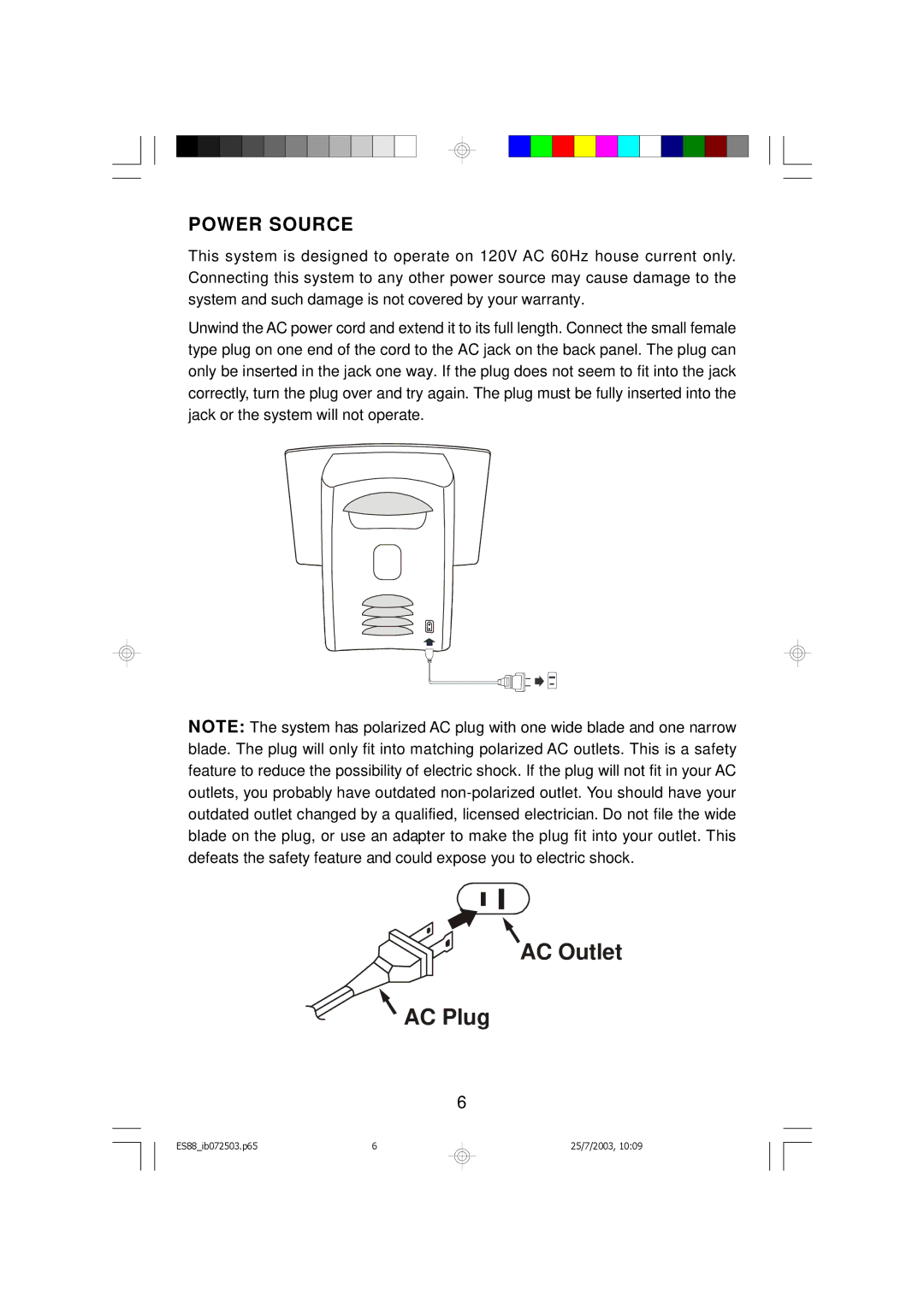 Emerson ES88 owner manual AC Outlet AC Plug, Power Source 