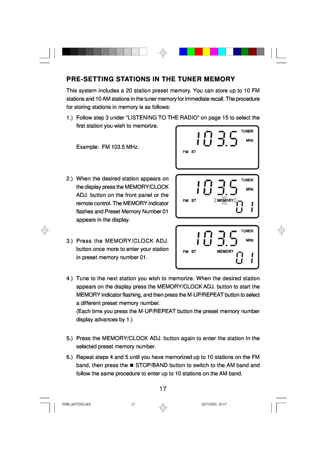 Emerson ES88 owner manual Pre-Settingstations In The Tuner Memory 