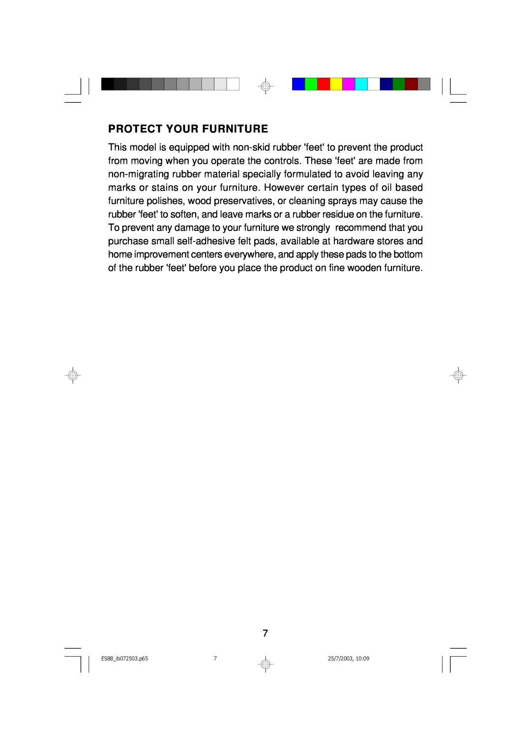 Emerson owner manual Protect Your Furniture, ES88 ib072503.p65, 25/7/2003 
