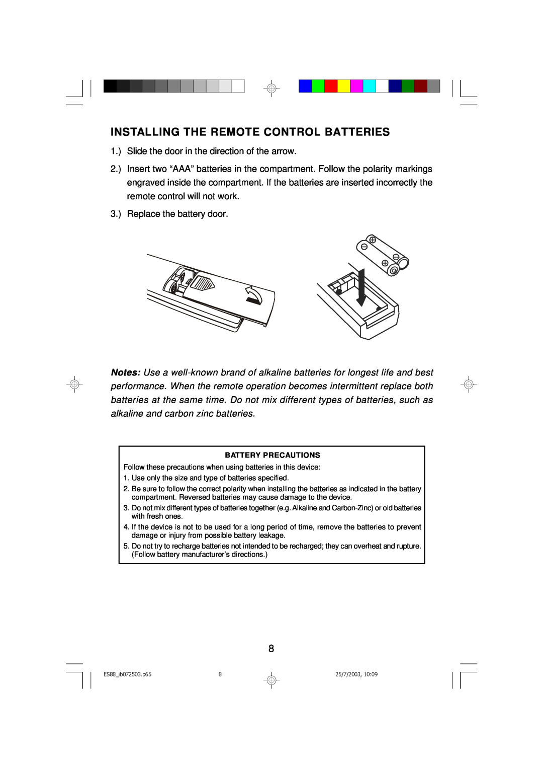 Emerson ES88 Installing The Remote Control Batteries, Slide the door in the direction of the arrow, Battery Precautions 