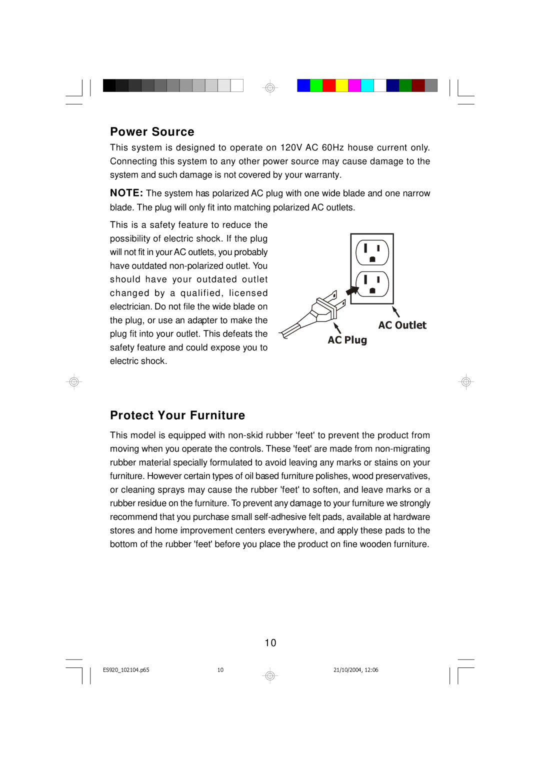 Emerson ES920 owner manual Power Source, Protect Your Furniture 