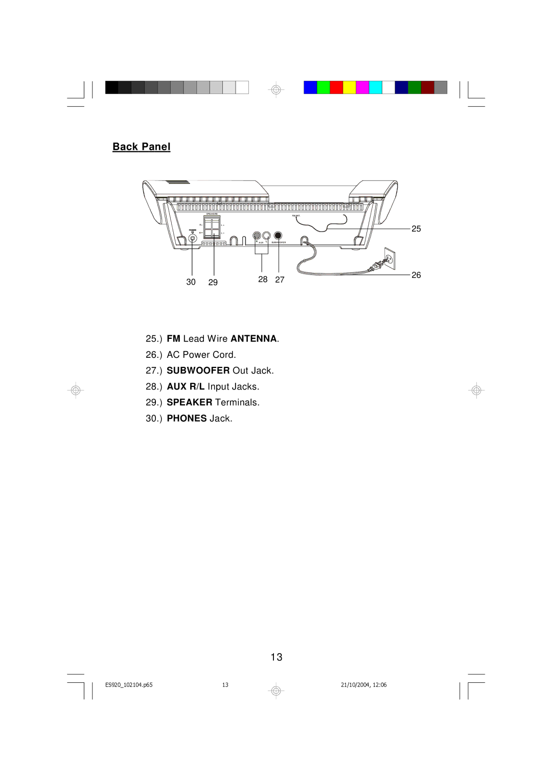 Emerson ES920 owner manual Back Panel 