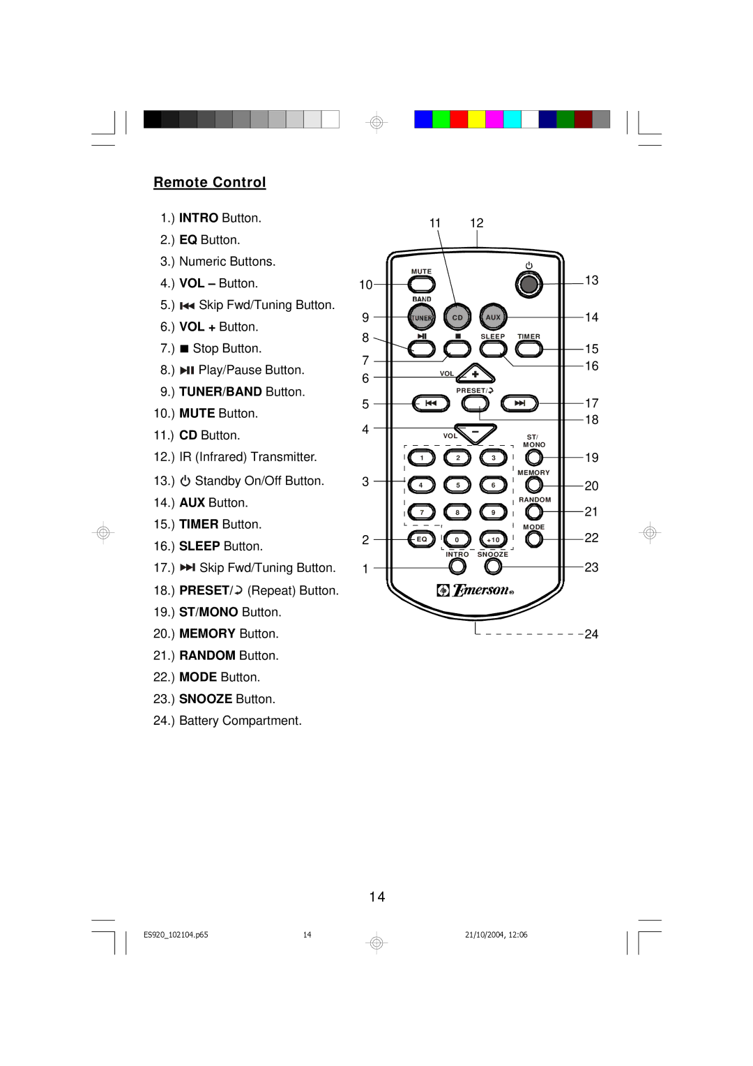 Emerson ES920 owner manual Remote Control, Battery Compartment 