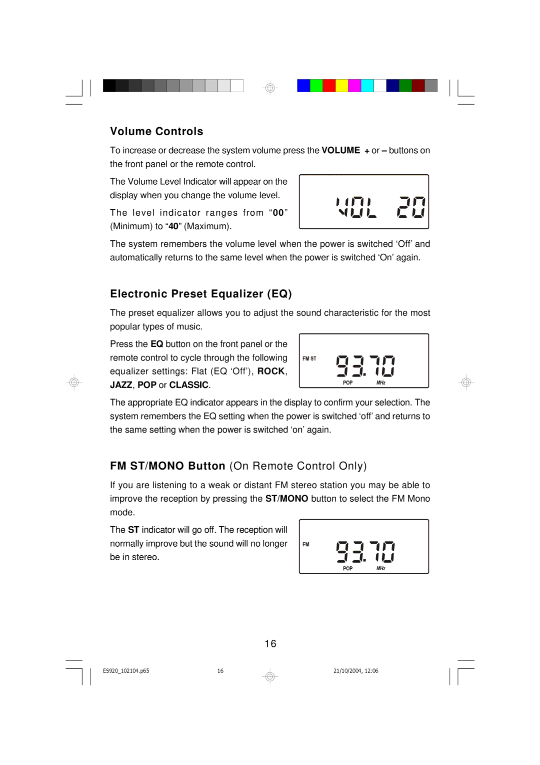 Emerson ES920 owner manual Volume Controls, Electronic Preset Equalizer EQ 