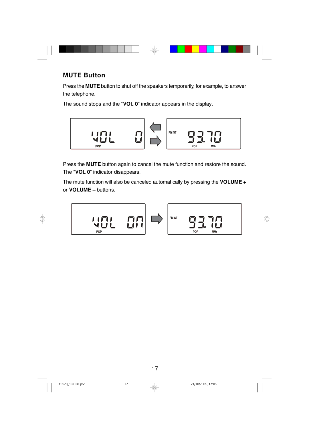 Emerson ES920 owner manual Mute Button 