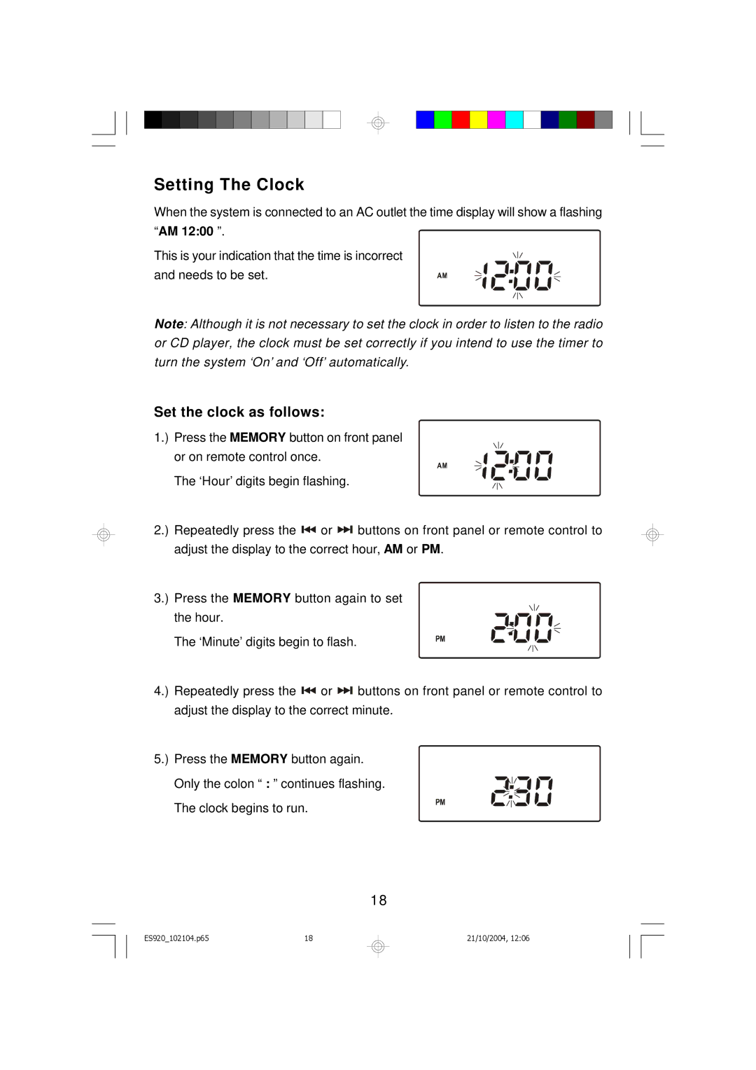 Emerson ES920 owner manual Setting The Clock, Set the clock as follows 