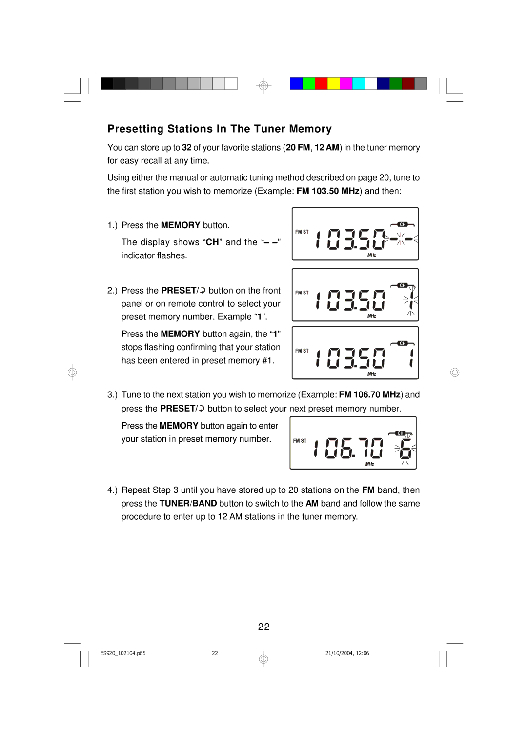 Emerson ES920 owner manual Presetting Stations In The Tuner Memory 