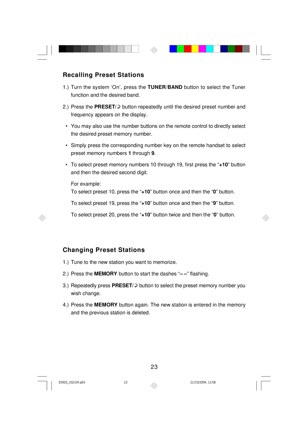 Emerson ES920 owner manual Recalling Preset Stations, Changing Preset Stations 