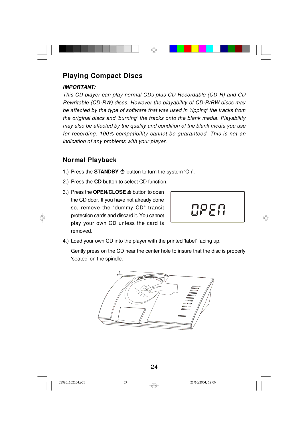 Emerson ES920 owner manual Playing Compact Discs, Normal Playback 