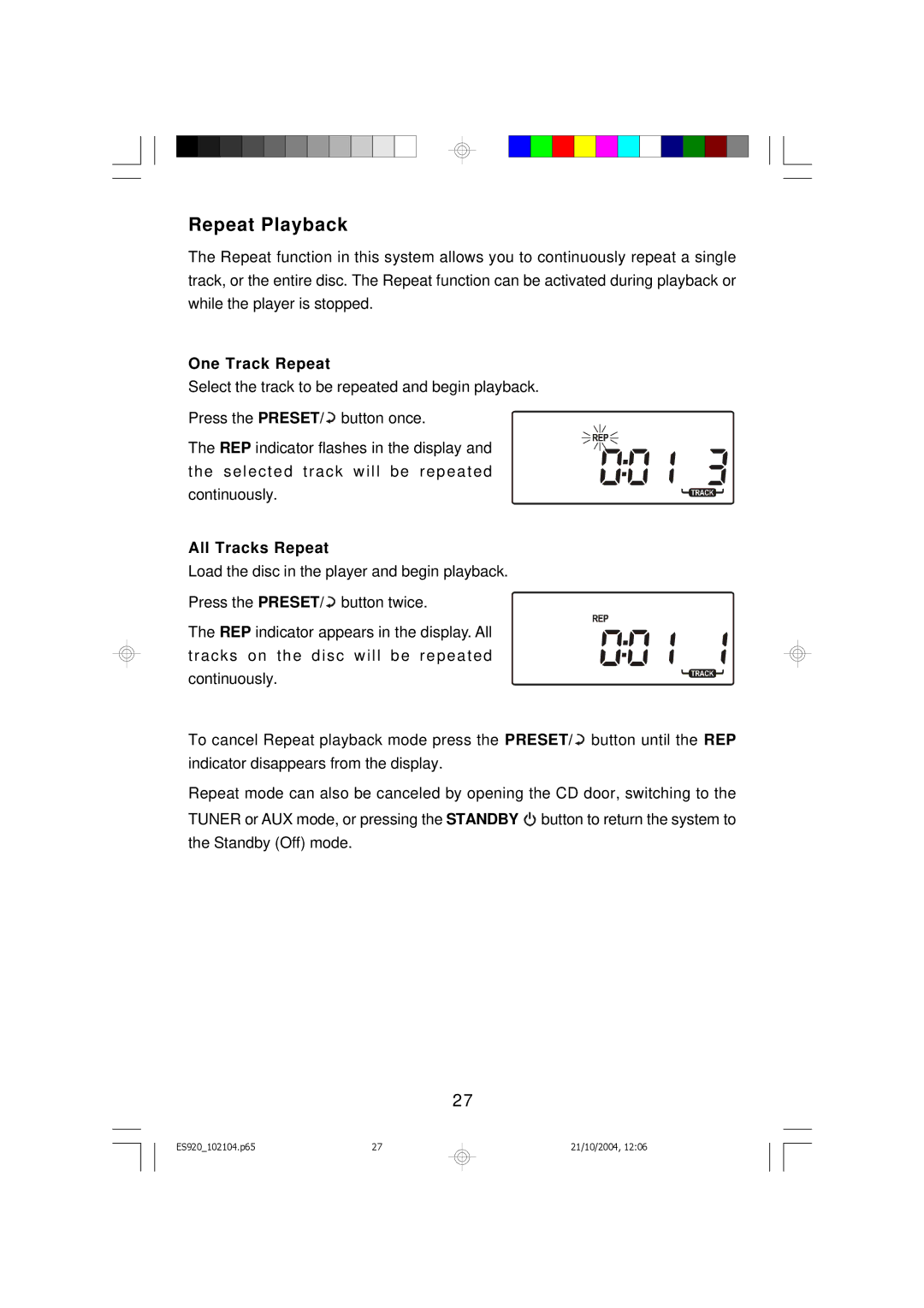 Emerson ES920 owner manual Repeat Playback, One Track Repeat 