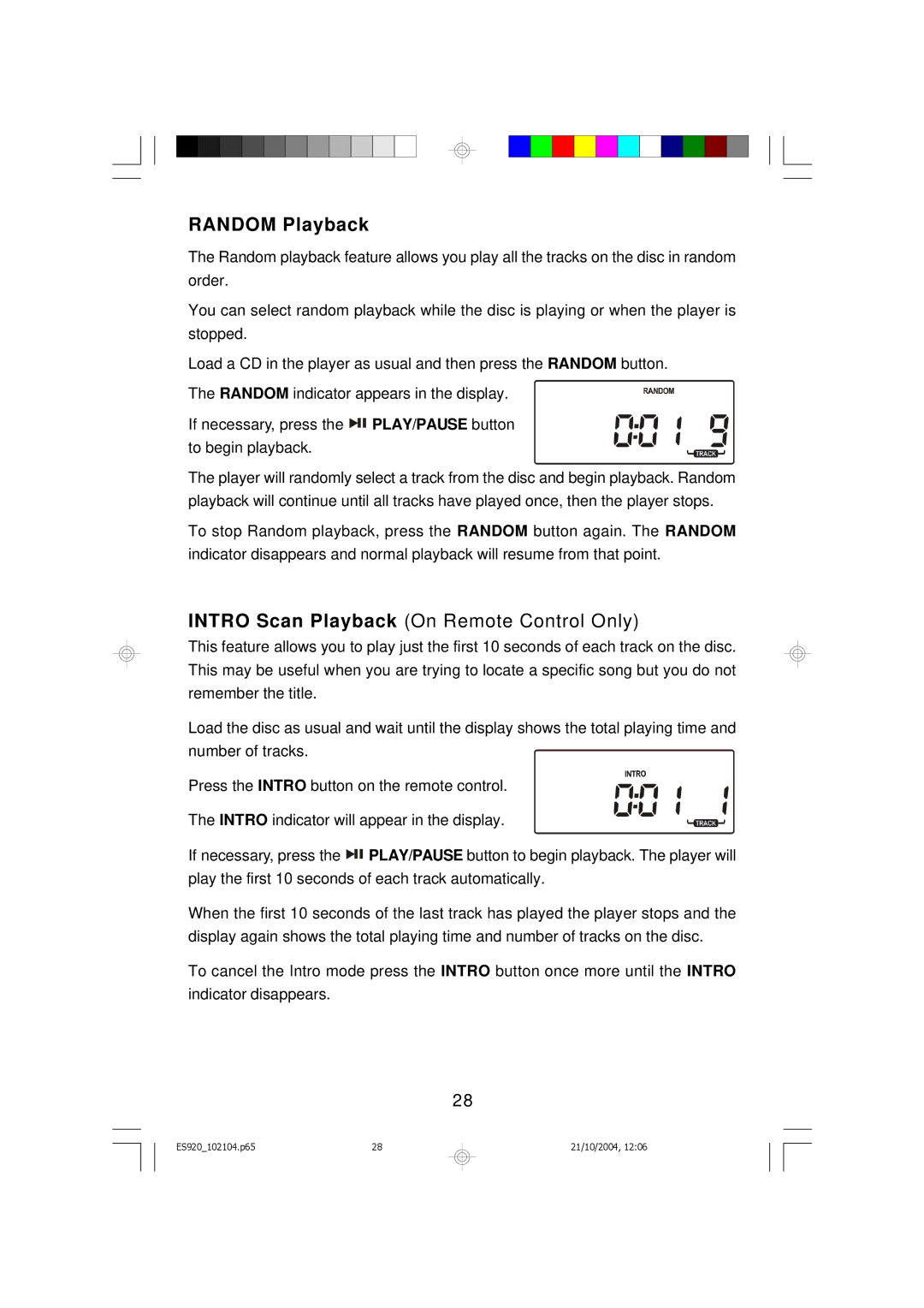 Emerson ES920 owner manual Random Playback, Intro Scan Playback On Remote Control Only 