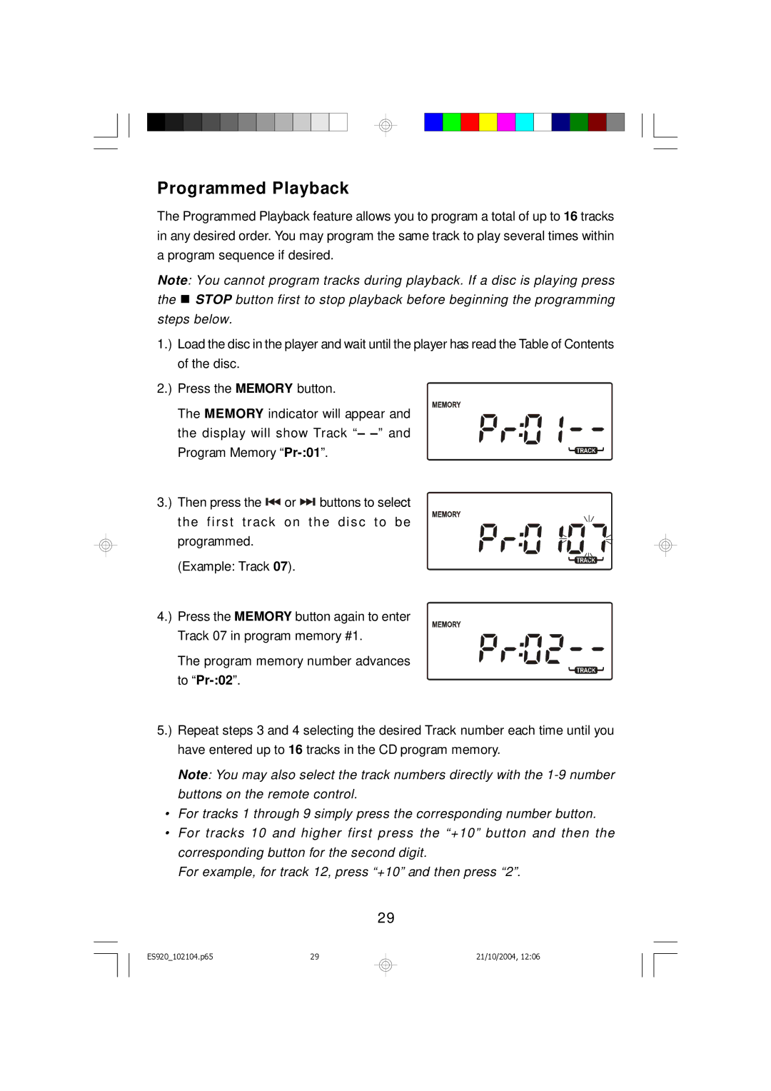 Emerson ES920 owner manual Programmed Playback 