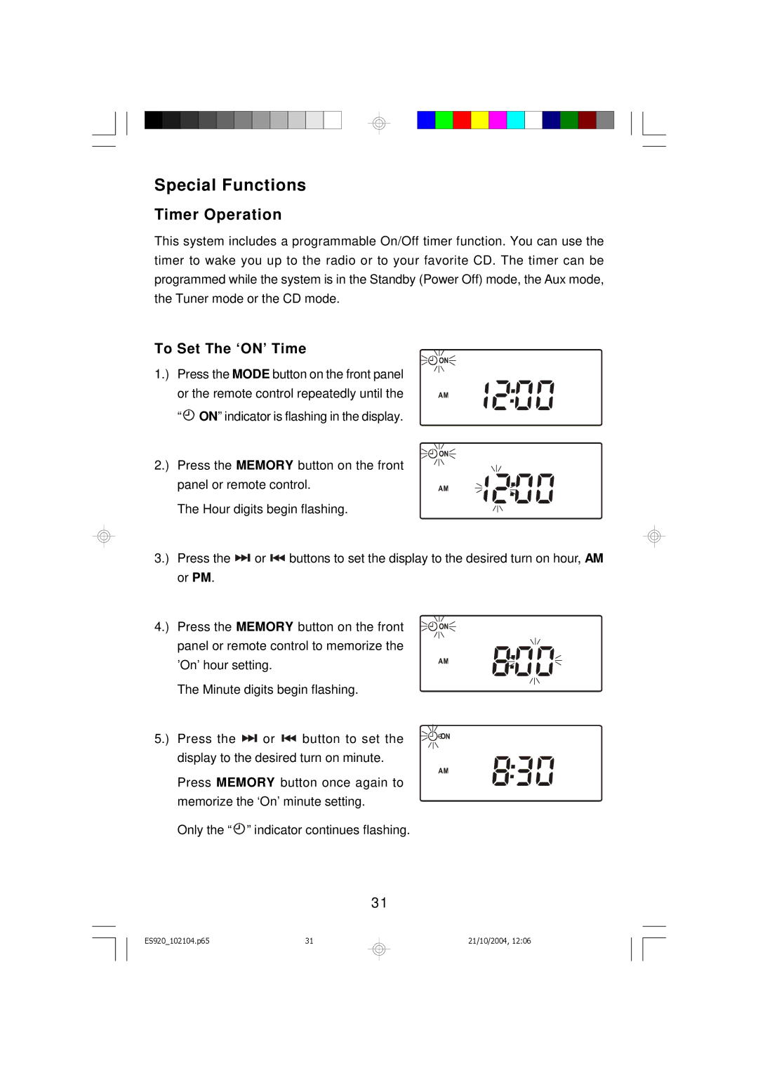 Emerson ES920 owner manual Special Functions, Timer Operation, To Set The ‘ON’ Time 