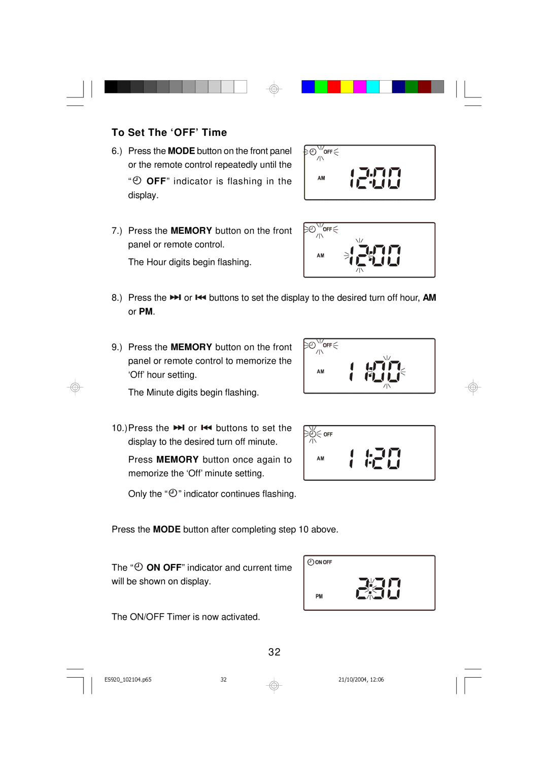 Emerson ES920 owner manual To Set The ‘OFF’ Time 